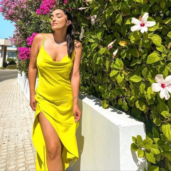 Zara green/ yellowish satin draped split dress - Picture 11 of 12